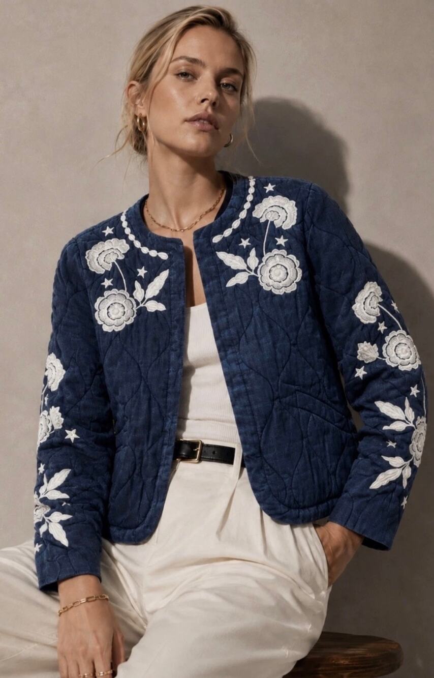 BAGATELLE Collection Navy Blue White Embroidered Quilted Jacket Size Small